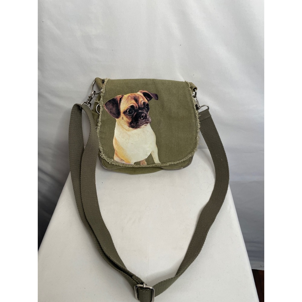 Fuzzy Nation Pug Dog Canvas Crossbody Bag Olive Green Distressed Messenger Mini